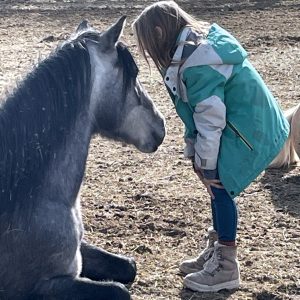 child whispering in horse's ear